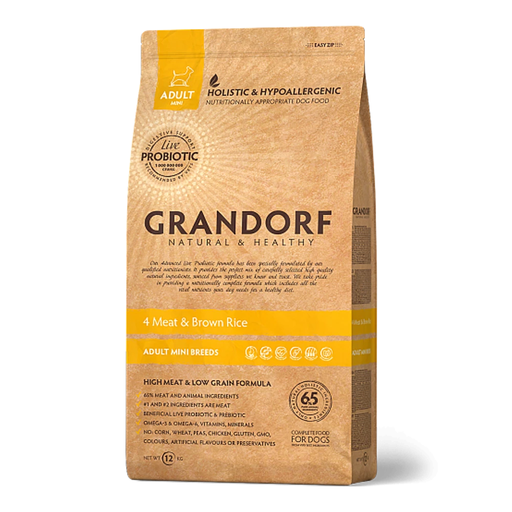 Grandorf Adult Mini - 4 Meat Met Bruine Rijst - 3kg - Hondenvoer